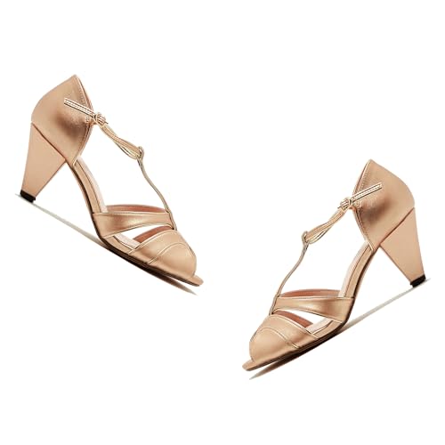 SHODENSE Women Round Open Toe Heeled Sandals Ankle T-Strap Kitten Heel Pumps Cut Out 2" Low Chunky Heel Sandal Shoes Dressy Strappy Buckle Mary Jane Heels Retro Elegant Wedding 4-11 M US4