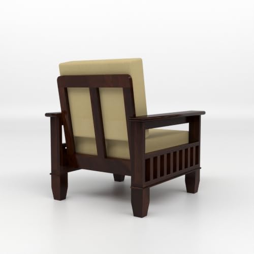 Image of Solid Sheesham Wood 1 Seater Sofa for Living Room | Premium Wooden Armchair with Side Magazine Rack | High-Density Cushioned Fabric Seat | Modern Single Sofa Chair for Home & Office