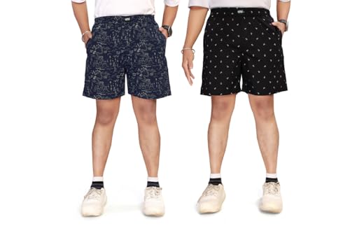 Image of UNOseven Shorts for Boys - 100% Cotton Printed with Side Pockets - Pack of 2 - Available from Size 7 Years to XL