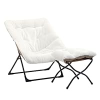 HollyHOME X-Large Saucer Chair with Foldable Ottoman, Comfy Oversized Folding Chair and Folding Footrest Stool Set, Faux-Fur Reading Chair and Footstool for Living Room, Bedroom, White Chair&Stool