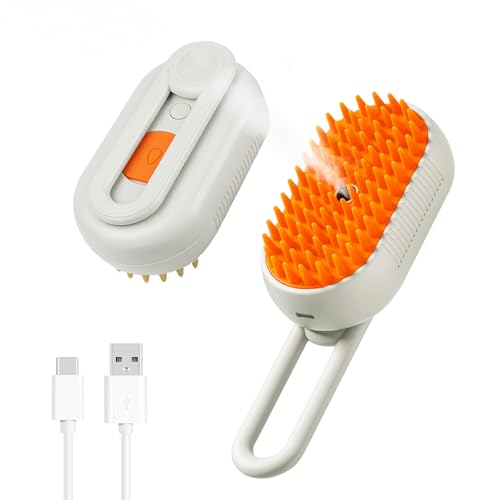 Cat Steam Brush, Self Cleaning 3 in 1 Dog Massage Steamy Grooming Cleaner with Foldable Handle, Multifunctional Rechargeable Cat Grooming Brush for Pet Spray Hair Shedding Removal Comb (Orange)