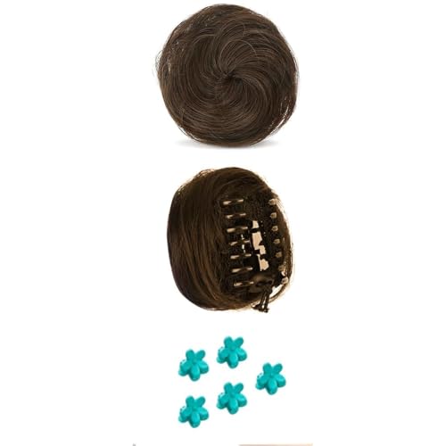 FFWTPY 2 Pezzi Moño Postizo Extensiones Moños Postizos para Mujer Niñas Natural Rizado Ondulado Postizo Moño Sintético Extensiones Desordenado Coleta Postiza con Horquillas de Flores