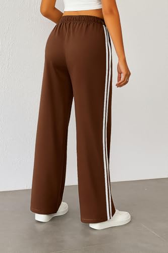 Image of SAKHWALA Women Track Pant | Women's Wide Leg Track Pants High Waist Drawstring Sweatpants with Side Stripes, Casual Loose Fit Lounge Joggers, Dark Grey