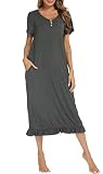 Vlazom Damen Nachthemd V-Ausschnitt Schlafhemd Langes Nachthemd Baumwolle Nachtkleid Kurzarm Sleepshirt Sleepwear mit Taschen(M,Dunkelgrau)