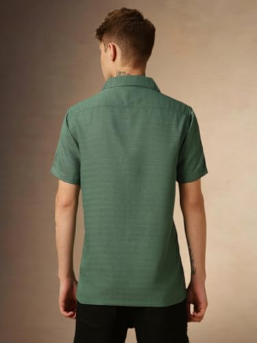 Image of Dennis Lingo Men's Half Sleeve Cuban Collar Solid Textured Relaxed Fit Casual Shirt