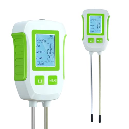 Mcbazel Medidor de Suelo 5 en 1, Analizador de pH, Fertilidad, Humedad, Temperatura y Luz con Sonda Dual, Pantalla LCD Retroiluminada y Apagado Automático para Jardín, Huerto y Agricultura