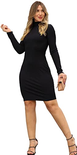 Vestido Midi Feminino Canelado Manga Longa Gola Alta (PRETO)