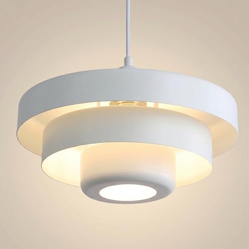 Modern Tiered Metal Pendant Light, Adjustable Height Ceiling Light Fixture, All-Metal Construction, Mid-Century Pendant Lighting for Kitchen Island Dining Room Living Room Hallway(Matte White)