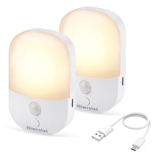 Hiwrolat 2 Pack Rechargeable Battery Night Light with Motion Sensor for Hallway Bedroom Bathroom Kitchen Living Room Stairs Stick On Anywhere Dimmable LED Nightlights