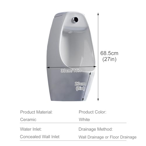 Urinal blanco de cerámica para montaje en pared, con doble sistema de descarga (sensor y manual), para uso comercial y doméstico, con opciones de drenaje por pared o piso miniatura 5