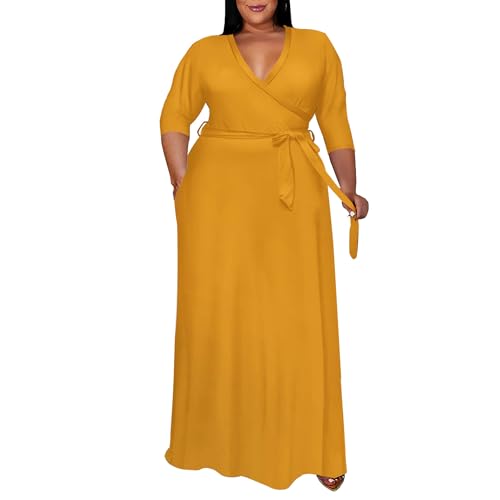 Image of Runwind Plus Size Dress for Women - 3 /4 Sleeve V Neck Maxi Dresses for Women (XL-6XL)