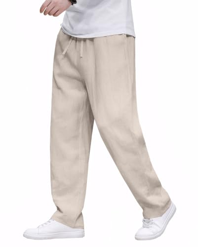 Men's Casual Pants Linen Drawstring Elastic Waist Loose Fit Men Dress Pants Summer Travel Beach Yoga Jog Trouser