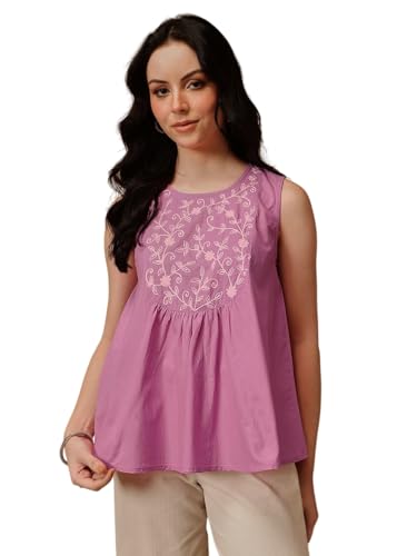 QAZMI Women's Aari Embroidered Pure Cotton Peplum Sleeveless Shor...
