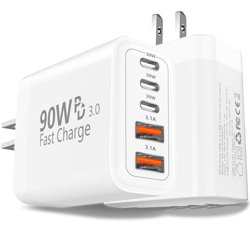 BAOYUANDA 90W Fast Charging Block 2Pack 5-Port USB C Charger Station (3C+2A) Super Fast Type C Wall Plug Compatible with iPhone 17/16/15 Samsung Galaxy S25/S26 Desk Accessories