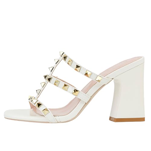 Women'S Leather T-Strap Strappy Studded Chunky Heel Slide Sandals Fashion Multi Band Square Toe Open Slip On Comfort Block High Heel Slingback Mule Slipper For Beach Prom Party Wedding Dress