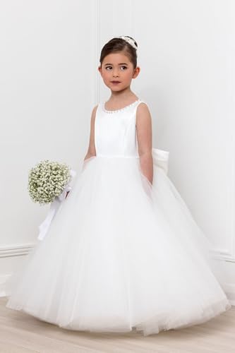 Puffy Tulle Flower Girl Dress Backless Pearls Beaded First Communion Dress Kids O-Neck Satin Formal Party Gowns2