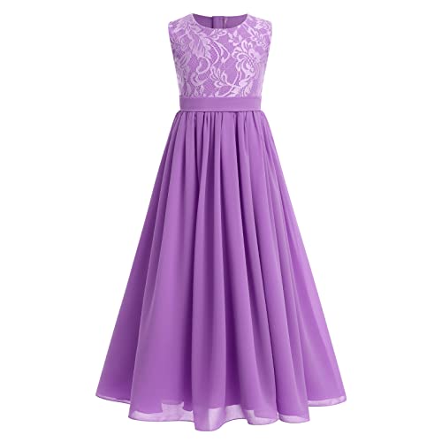 Junior Bridesmaid Dresses, Western Dress for Girls, Girls Boho Dress, Flower Girl Dress Elegant Vintage Lace Summer A-Line Pleated Formal Wedding Party Dress Purple 15-16 Years