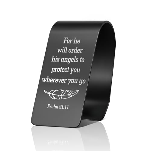 PUVOXHO for He Will Order His Angels to Protect You Black Engraved Stainless Steel Car Visor Clip Psalm 91:11 Guardian Angel Visor Clips for Cars Safe Driving Gifts for Family Friend