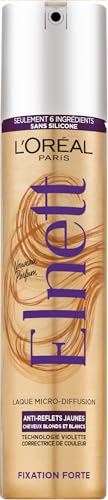 L'ORÉAL PARIS Elnett - Spray para el cabello para fijación fuerte, tecnología de corrección de color violeta, antireflejos amarillos, sin silicona, cabello rubio y blanco, 300 ml