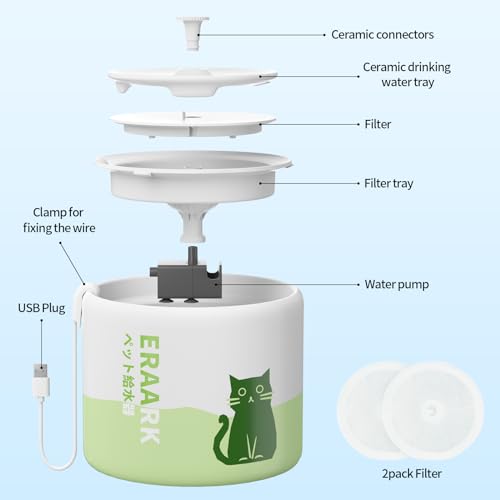 ERAARK Cat Water Fountain Ceramics, 67oz/2L Dog Water Dispenser, Ultra-Quiet Automatic Pet Fountain, 2 Pack Replacement Filters, Suitable for Cats, Dogs, Multiple Pets (Green) - Thumbnail 2