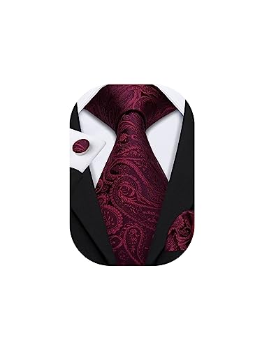 Barry.Wang Burgundy Ties Silk Paisley Necktie Set Fashion Men Pocket Square Cufflinks Wedding Party Formal