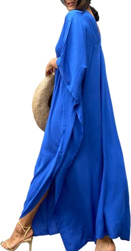 Image of RanRui Caftans for Women Solid Color Chiffon Plus Size Kaftan Dresses Beach Cover Up V Neck Batwing Sleeve Caftans Loungewear