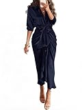 BTFBM Summer Dresses for Women 2026 Long Sleeve V Neck Button Down Elegant Belted Ruched Satin Silk Shirt Spring Dress(Navy, Small)