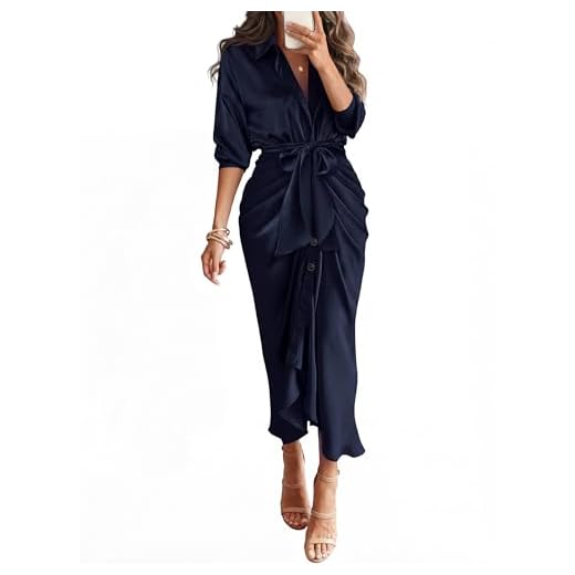BTFBM Women 2023 Long Sleeve Lapel V Neck Button Down Satin Dress Belted Elegant Ruched Spring Summer Maxi Shirt Dresses(Solid Navy, Large)
