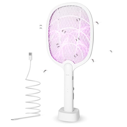 AOOWU Fly Swatter Electric, Rechargeable Bug Zapper Racket with Attractant LED Light, Handheld & Standing Insect Zapper Racket Fly Catcher for Home Indoor and Outdoor