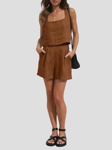 2024 Womens Linen Square Neck Crop Shirt and Shorts 2 Piece Sets Lounge Matching Sets Summer Casual Trendy Beach Outfits3