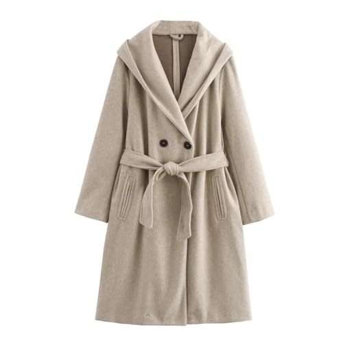 Trench-coat en laine pour femme à capuche et coupe ample avec ceinture