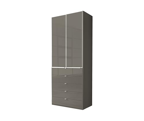 WIEMANN Drehtürenschrank mit 5 Schubkästen hochwertiger Kleiderschrank Schlafzimmerschrank 100cm breit, mit Schubladen, Glas Havanna, Höhe 236cm, Shanghai