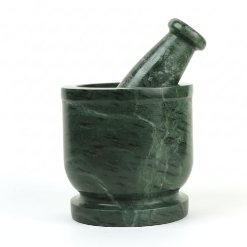 Image of B.R. & Sons Marble Mortar and Pestle Set | Stylish Imam Dasta, Ohkli Musal for Spices & Herbs - Available in Various Shapes & Colors (GREEN, 4x4 Inches)