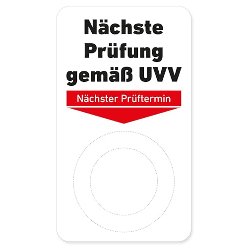 100x Grundplaketten ‚Nächste Prüfung gemäß UVV‘ 70x40 mm, selbstklebend, Vinyl – passend für 20mm & 30mm Prüfplaketten – inkl. 1 gratis Lochzangen (3mm Rundloch & Kerbzange)