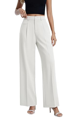 Auravista Women's Wide Leg Business Casual Pants High Waisted Straight Leg Work Trousers with Pockets White