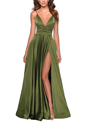 Image of Tvuyet Satin Bridesmaid Dresses with Slit Pleated A Line Spaghetti Straps Formal Prom Evening Gowns