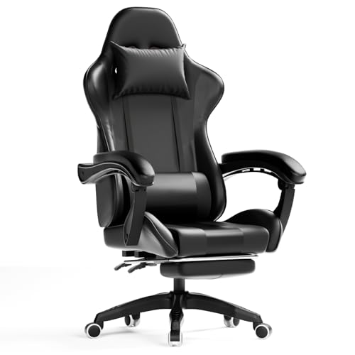 Invoker Gaming Stuhl, Ergonomischer Gaming Sessel Computer Bürostuhl mit Fußstütze, Gaming Chair, 90-135° Rückenlehne einstellbar PC Stuhl mit 360° drehbar, Schwarz