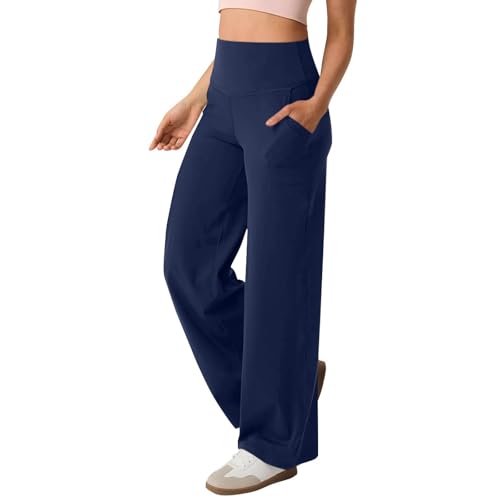 DGZTWLL - Pantalones de trabajo para mujer, pierna ancha con bolsillos, elásticos, pierna recta, pantalones de yoga, azul marino, M