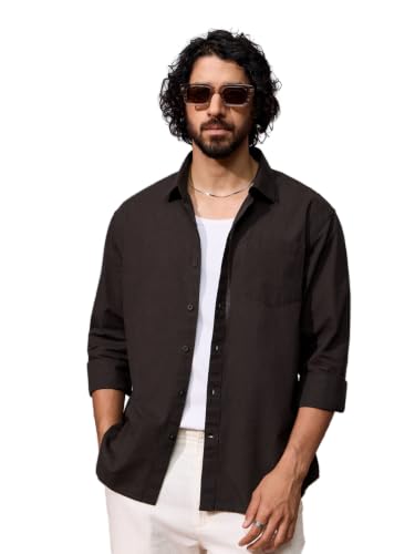 Image of The Souled Store Cotton Linen: Men and Boys Long Sleeve Spread Collar Solid Cotton Relaxed Fit Easy to Style Everyday Office Wear Cotton Linen Shirts