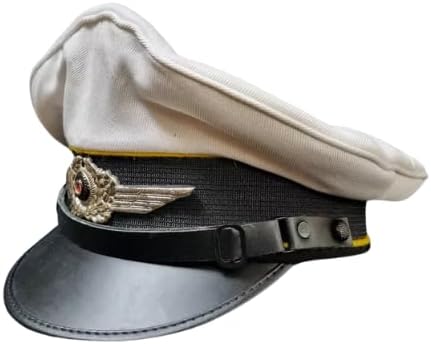 Military Style Luftwaffe Visor Cap, White and Black, NCO Officer Hat with Metal Badge