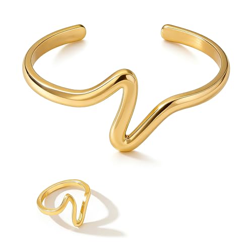 Juego de pulsera y anillo ondulado en oro de 14k para mujer con diseño minimalista