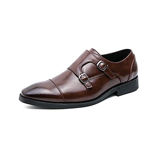 Oxford Shoes for Men Slip On Double Monk Strap Burnished Toe Faux Leather Rubber Sole Anti-Slip Block Heel Resistant Non Slip Casual(Brown,10 M US)
