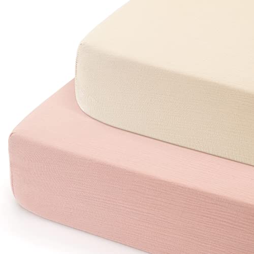 Image of GRSSDER Soft Muslin Crib Sheet 2 Pack, 100% Cotton Crib Sheets for Boys and Girls, Fit Standard Crib Mattresses 52" x 28" Safe and Snug, Blush Pink/Beige