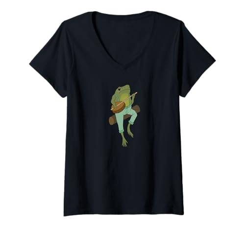 Cottagecore Aesthetic Life - Femme Cottagecore Frog Lover - Grenouille mignonne jouant au banjo T-Shirt avec Col en V