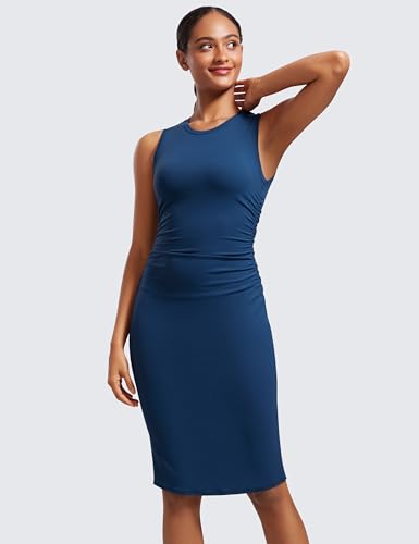 Image of CRZ YOGA Butterluxe Ruched Midi Casual Dress | Removable Pads, Extremely Soft, Bodycon, Crewneck, Party, Sleeveless, Pencil, Outfits for Women