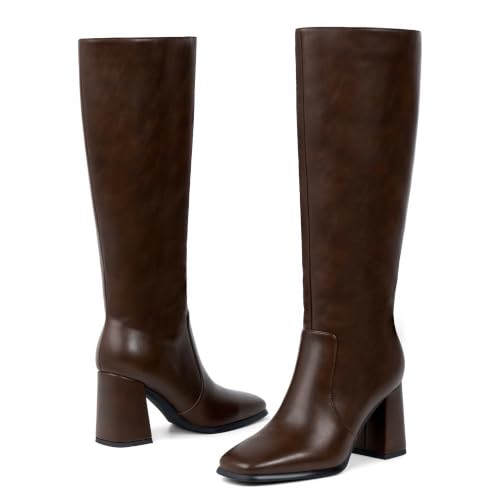 Image of Knee High Boots Women Square Toe Chunky Heel Fashion Tall Boots | Block Heel Gogo Boots with Side Zipper,Fashion Heeled Fall Winter Boots,Long Dressy Boots for Women