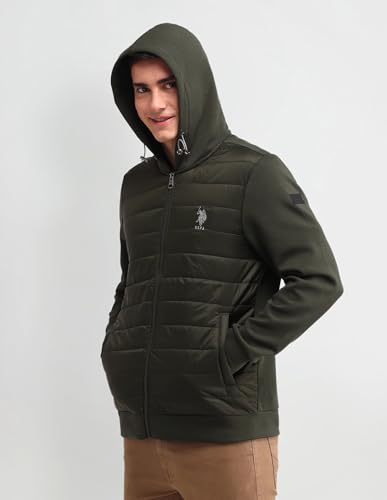 Image of U.S. Polo Assn. Denim Co. Men's Green Solid Hooded Long Sleeve Casual Polyester Regular Fit Quilted Jacket