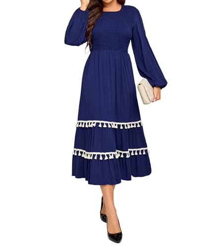 Ystguic Women Balloon Sleeve Casual Smocked Empire Elastic Waist Rayon Viscose Long Tassel Ruffle Tiered Ruched Flowy Elegant Dresses with Pockets Ladies Muslin Boho Small Navy Blue for Seniors