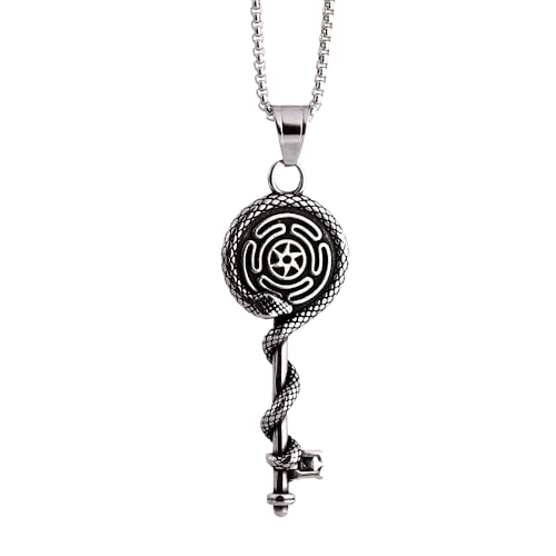YWMAN Hecate Wheel Key Necklace Stainless Steel Strophalos Snake Pendant Triple Moon Goddess Amulet Pagan Wiccan Protection Talisman Witchcraft Jewelry