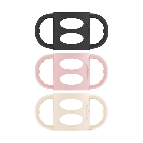 Image of Dr. Brown's Narrow Baby Bottle Handles, 100% Silicone, Easy Grip Removable Handles for Bottle to Sippy Cup Transition, Black/Ecru/Pink, 3-Pack, 4m+